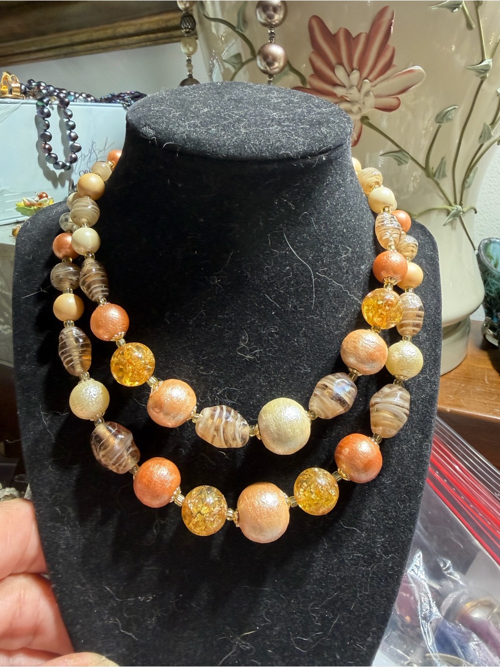 Vintage Japan Layered Orange and Gold Double Strand Beaded Necklace